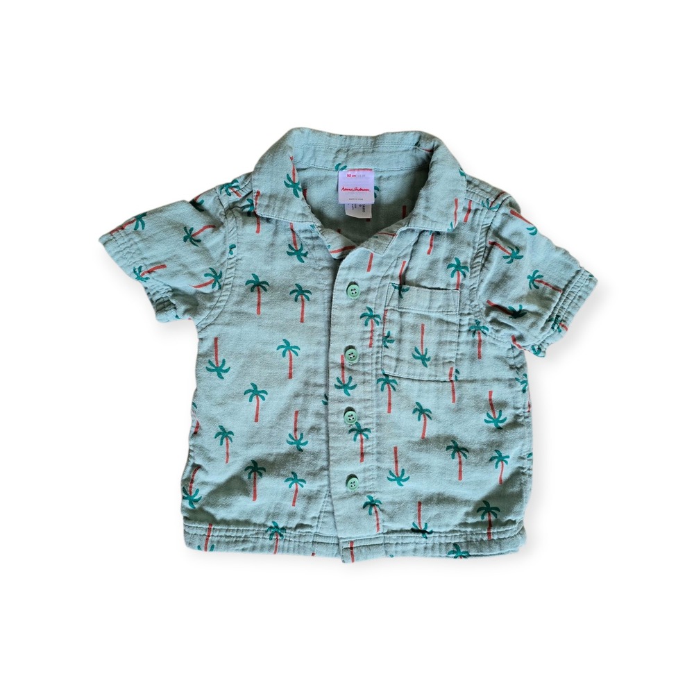 Hanna Andersson Print‎ Woven Button Up Shirt Green Palm Tree Oasis Boy's 2T